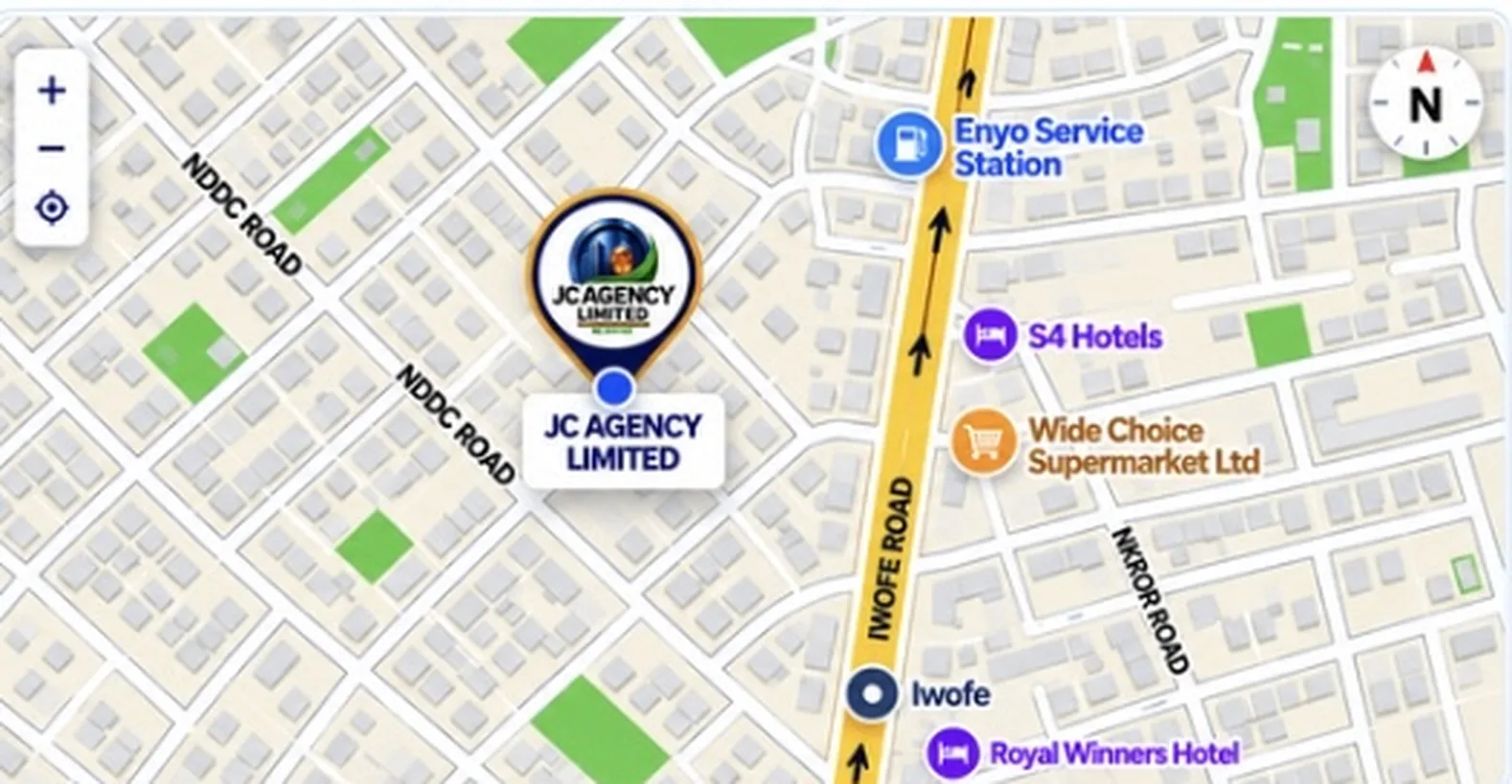 Map showing the JC Agency Limited office on NDDC Road, Iwofe, near Enyo Service Station and S4 Hotels